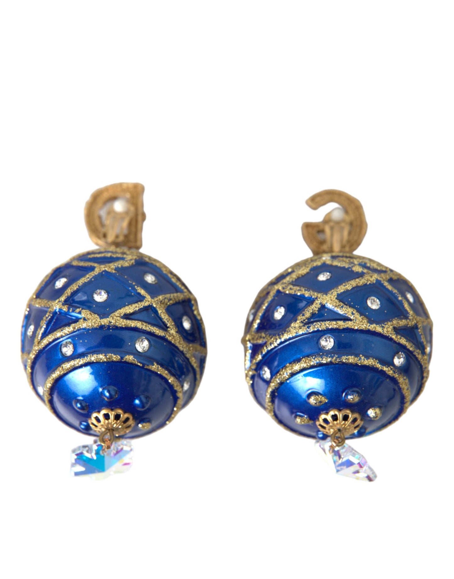  - Gold Brass Blue Dangle Christmas Ball Crystal Clip On Earrings