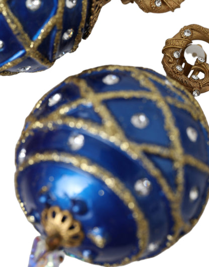  - Gold Brass Blue Dangle Christmas Ball Crystal Clip On Earrings