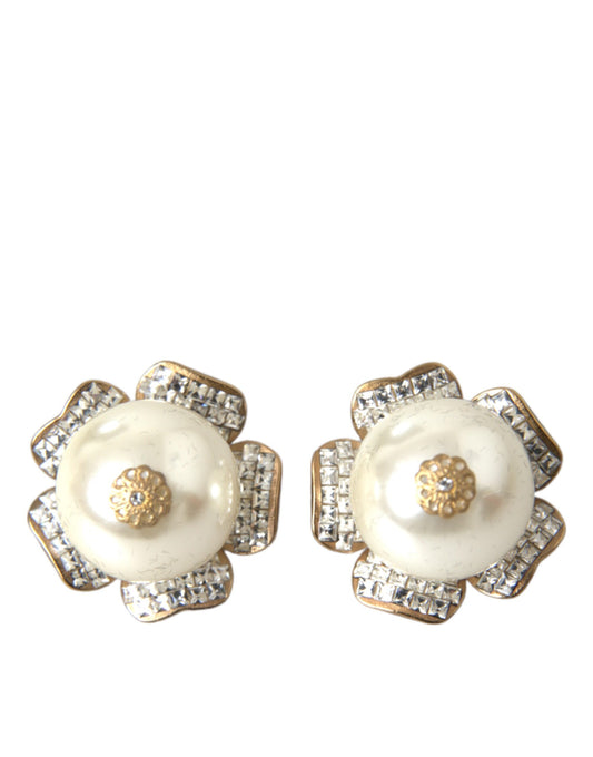  - Gold Tone Maxi Faux Pearl Floral Clip-on Jewelry Earrings