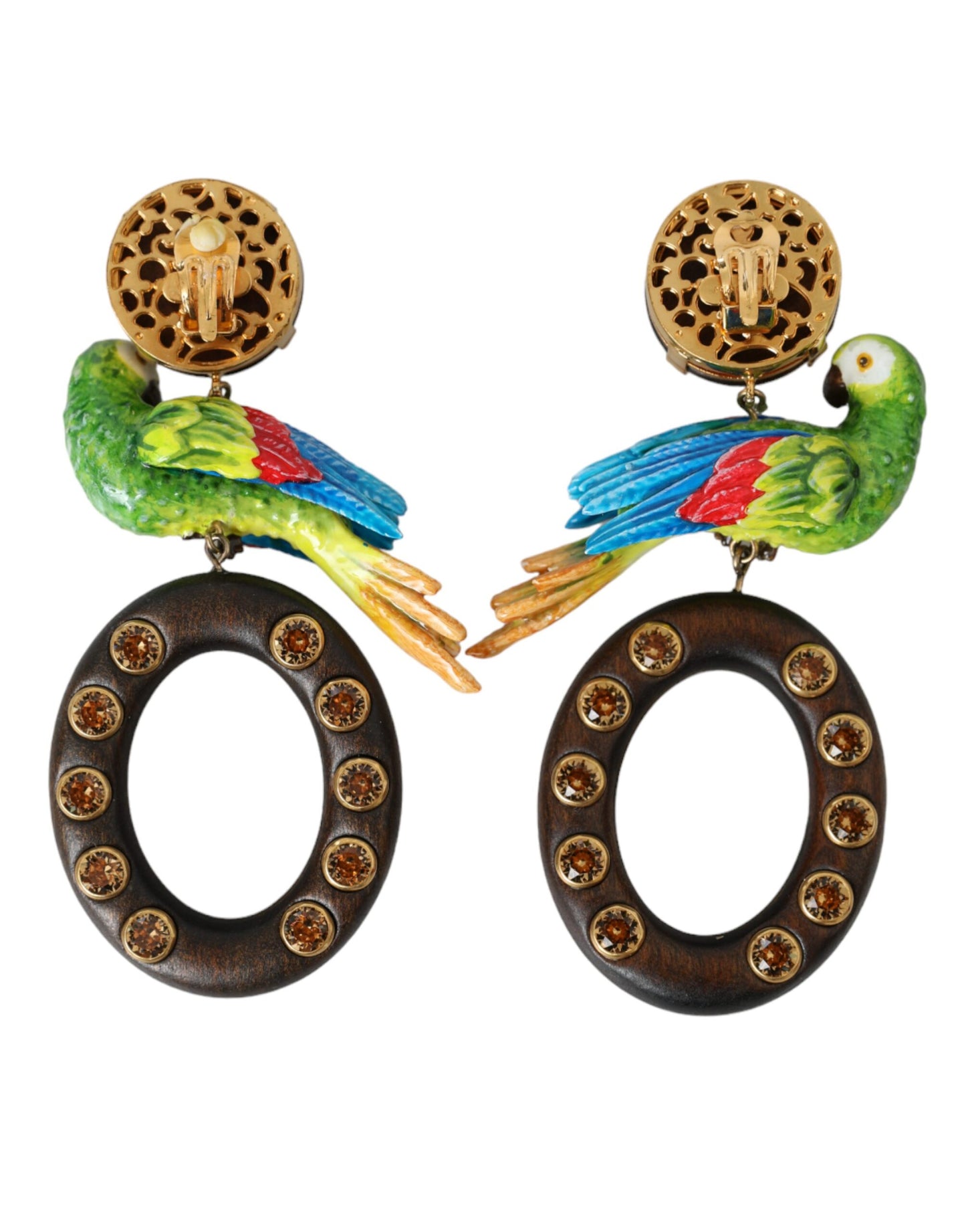 Multicolor Parrot Wood Brass Crystal Embellished Earring - The Luxe Alliance