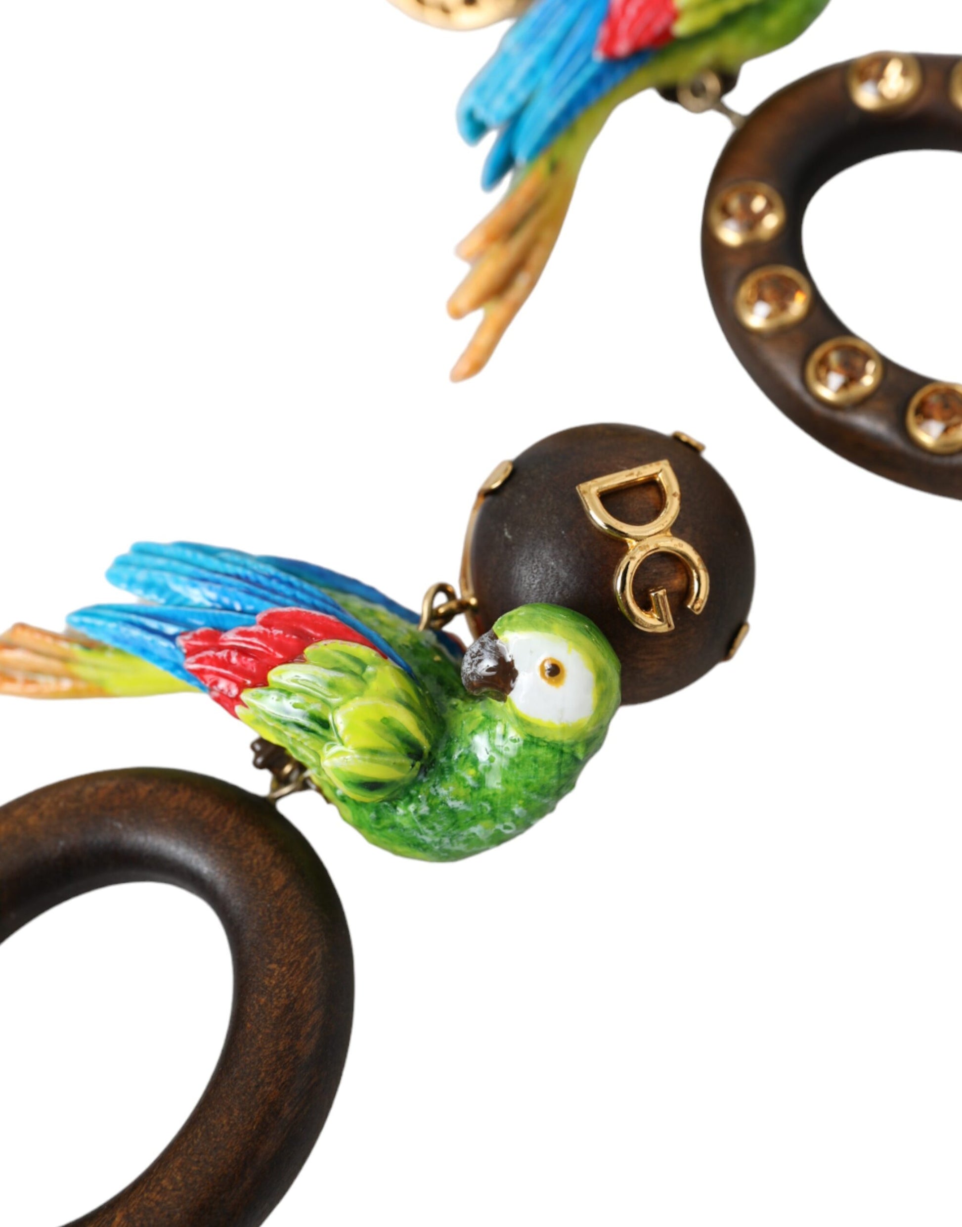 Multicolor Parrot Wood Brass Crystal Embellished Earring