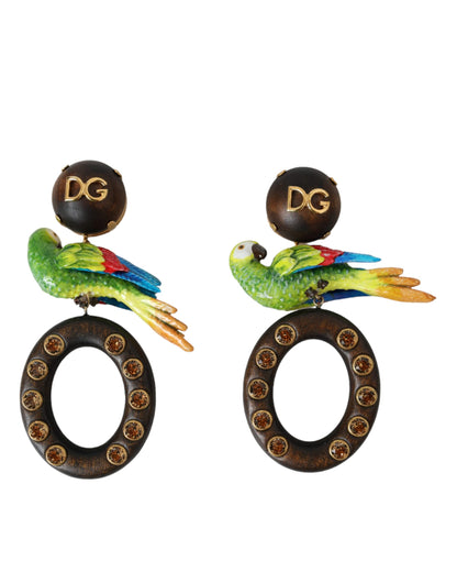  - Multicolor Parrot Wood Brass Crystal Embellished Earrings