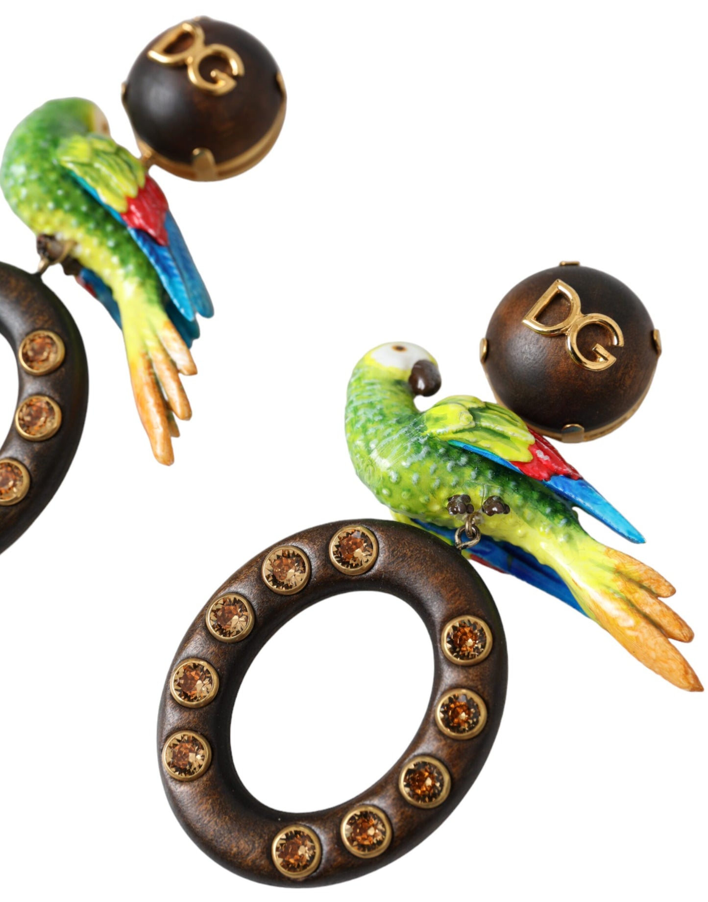  - Multicolor Parrot Wood Brass Crystal Embellished Earrings