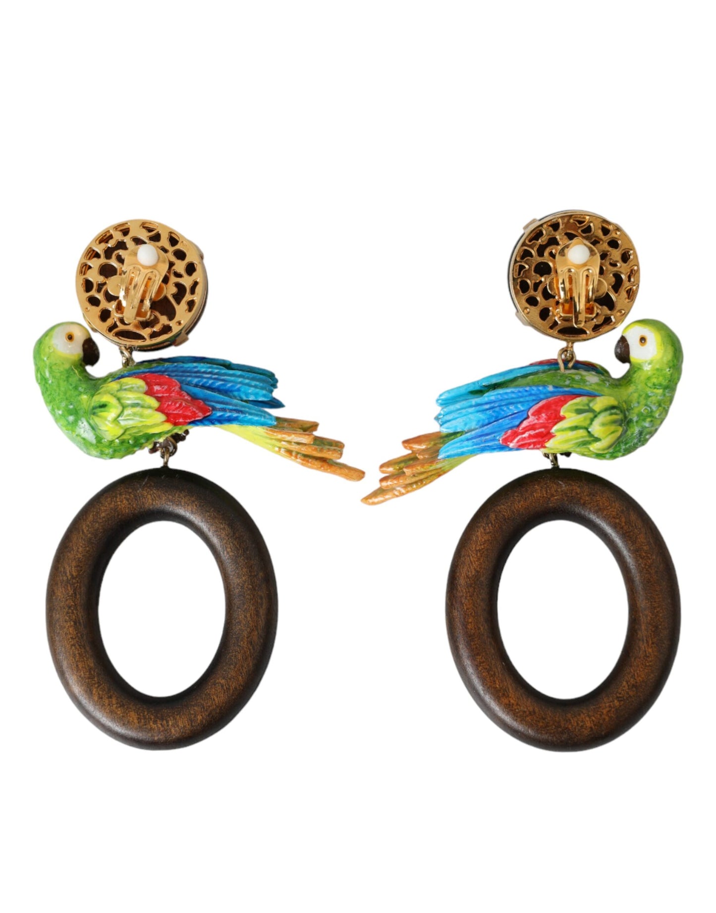  - Multicolor Parrot Wood Brass Crystal Embellished Earrings