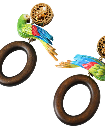  - Multicolor Parrot Wood Brass Crystal Embellished Earrings