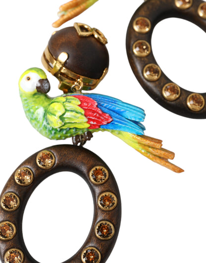  - Multicolor Parrot Wood Brass Crystal Embellished Earrings