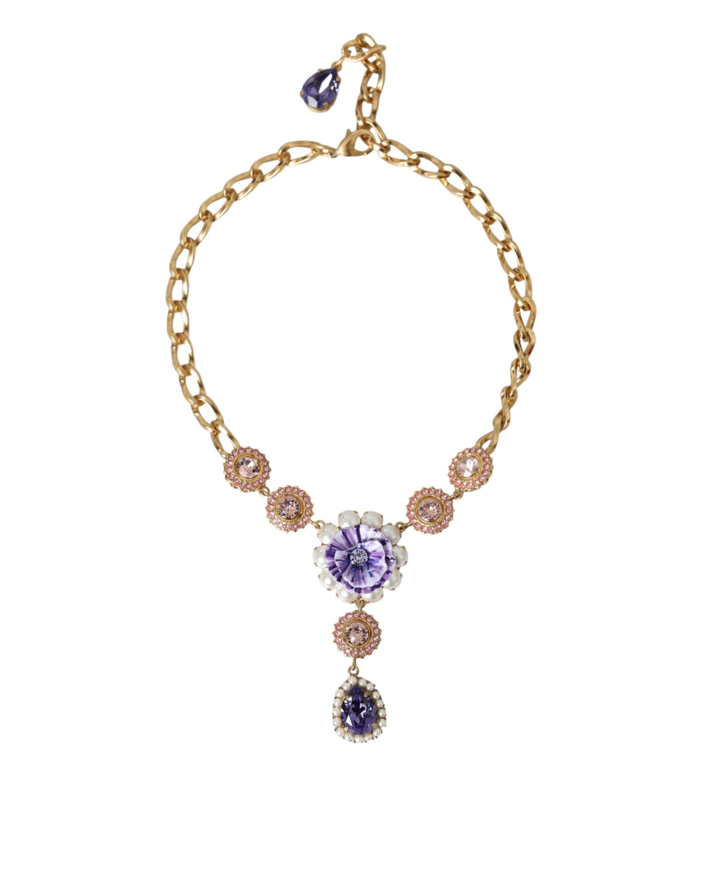  - Gold Brass Crystal Purple Pink Pearl Pendants Necklace