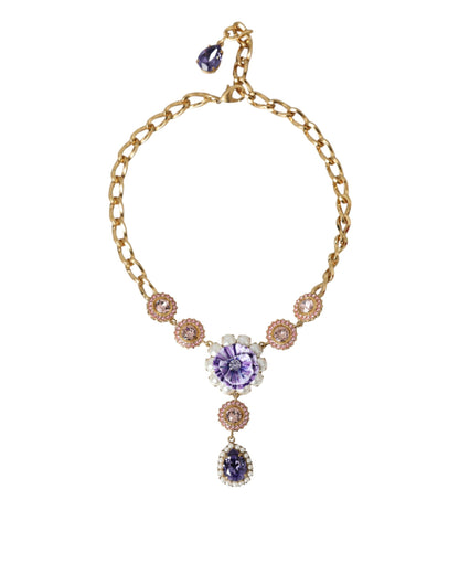  - Gold Brass Crystal Purple Pink Pearl Pendants Necklace