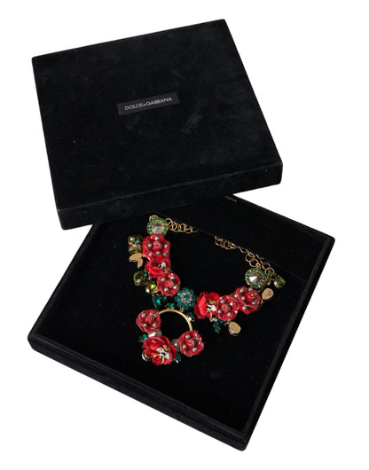 Dolce & Gabbana Gold Brass Link Chain RosePetal Crystal Pendant Necklace