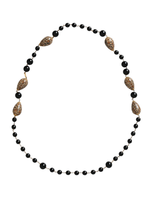  - Gold Tone Brass Black Printed Beaded Long Chain Necklace