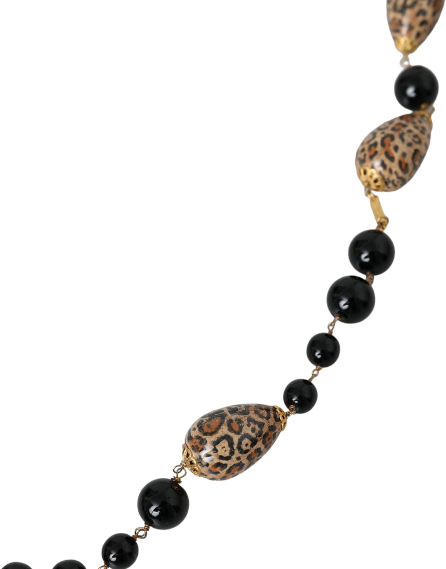  - Gold Tone Brass Black Printed Beaded Long Chain Necklace