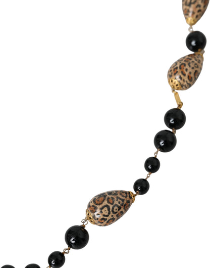  - Gold Tone Brass Black Printed Beaded Long Chain Necklace