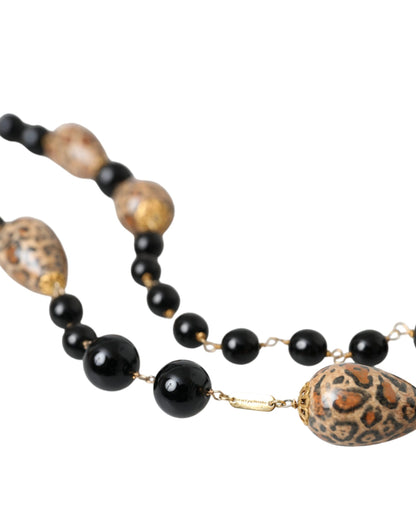  - Gold Tone Brass Black Printed Beaded Long Chain Necklace