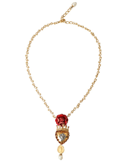  - Gold BrassChain Sacred Heart Rose Crystal Charm Necklace