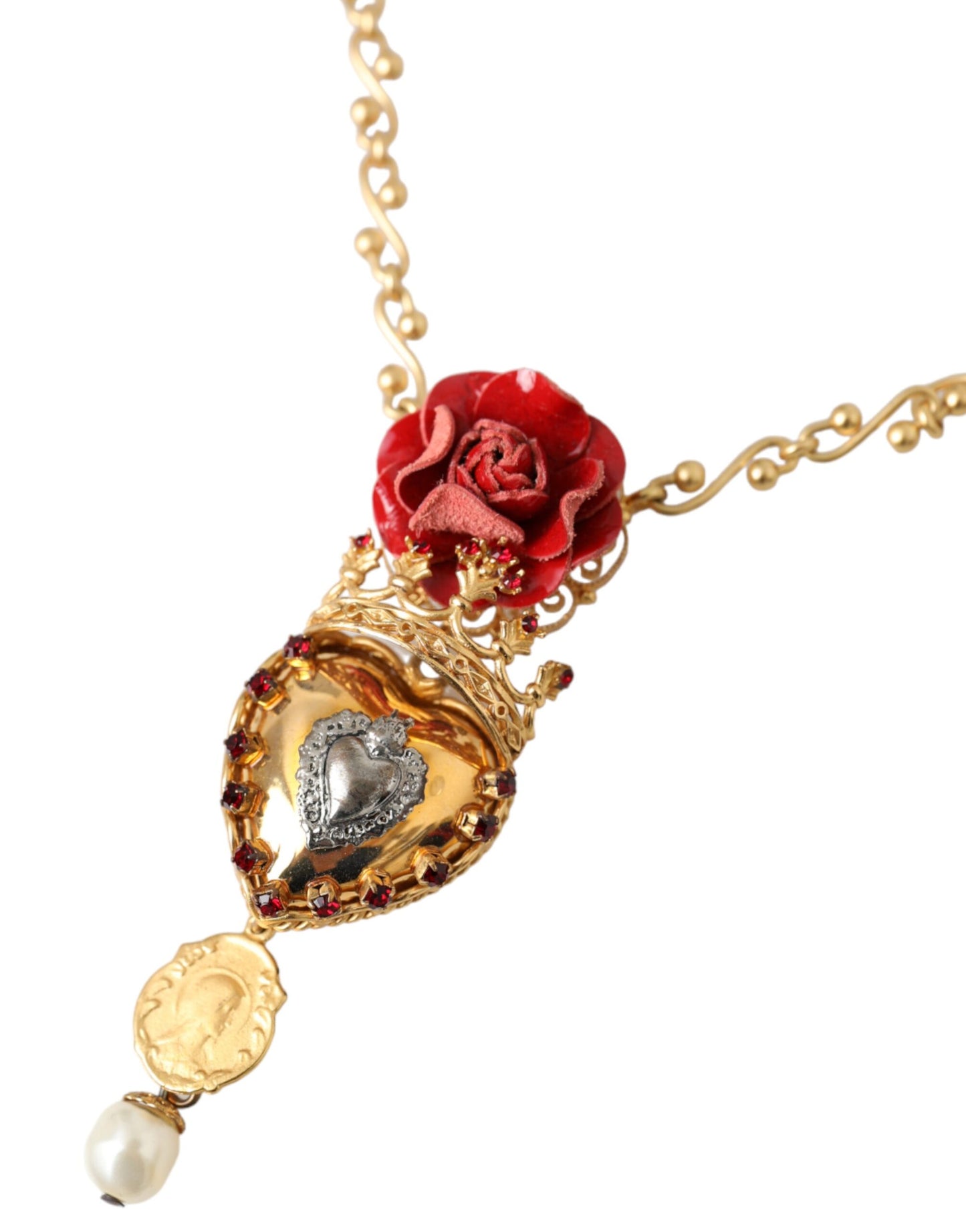  - Gold BrassChain Sacred Heart Rose Crystal Charm Necklace