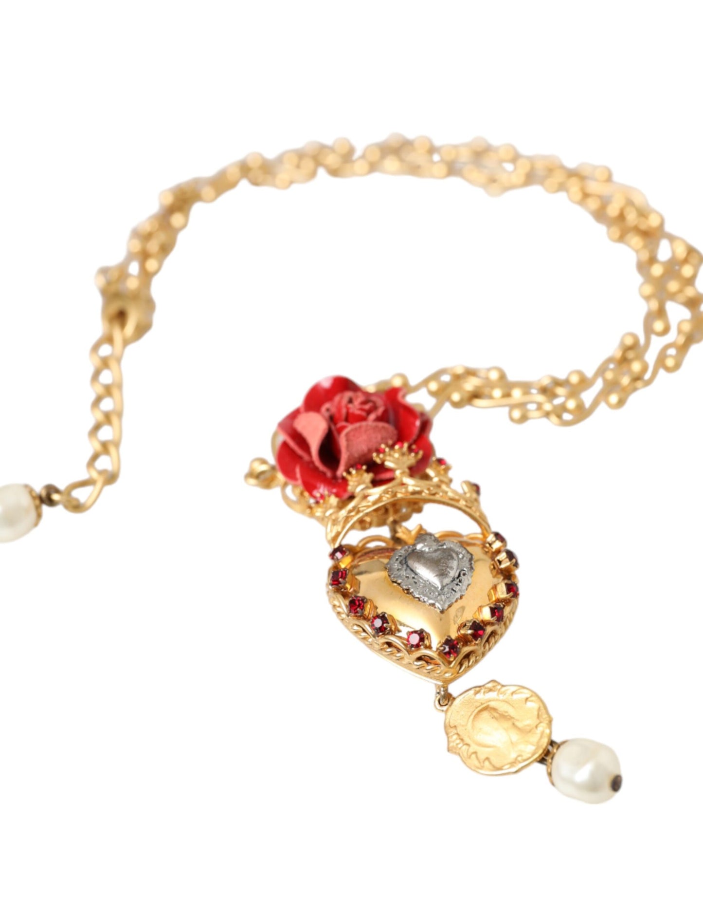  - Gold BrassChain Sacred Heart Rose Crystal Charm Necklace