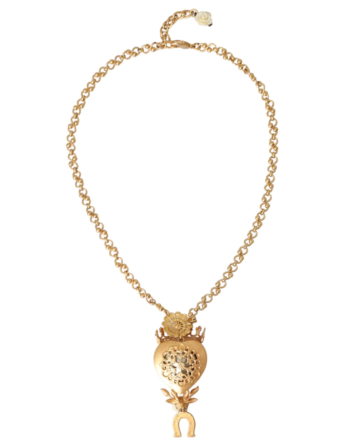  - Gold Brass Chain Sacred Heart Crystal Charm Necklace