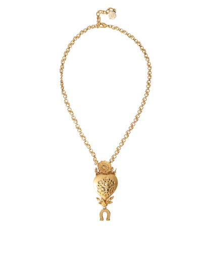  - Gold Brass Chain Sacred Heart Crystal Charm Necklace