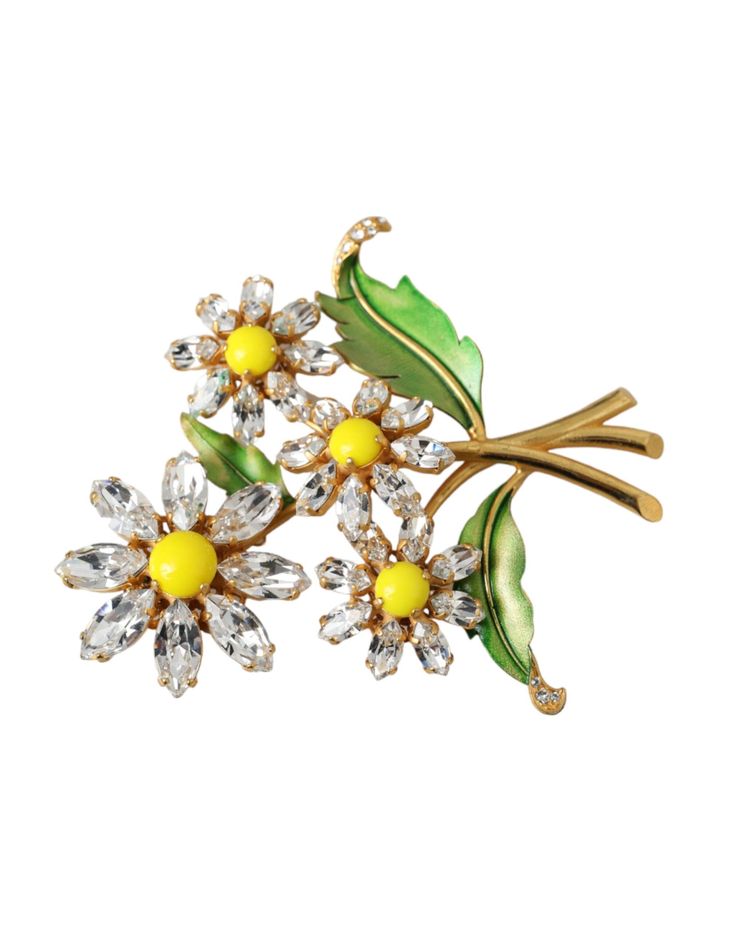  - Gold Yellow Green Filigree Flower Crystals Brooch Pin