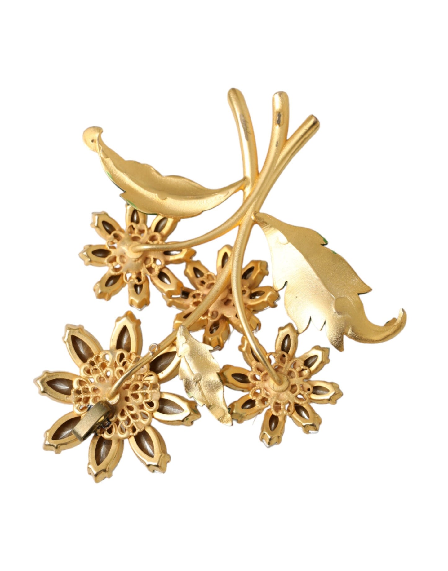  - Gold Yellow Green Filigree Flower Crystals Brooch Pin