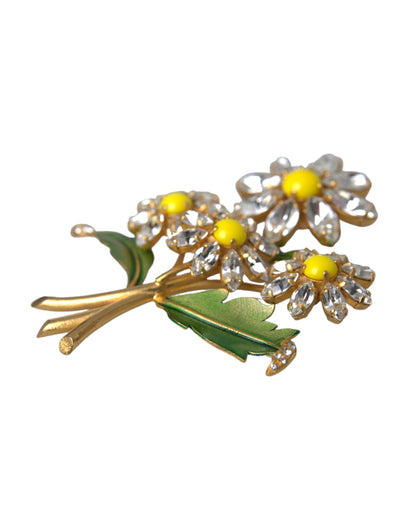  - Gold Yellow Green Filigree Flower Crystals Brooch Pin