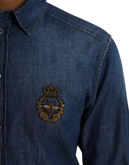 Blue Crown Bee Cotton Denim GOLD Shirt - The Luxe Alliance