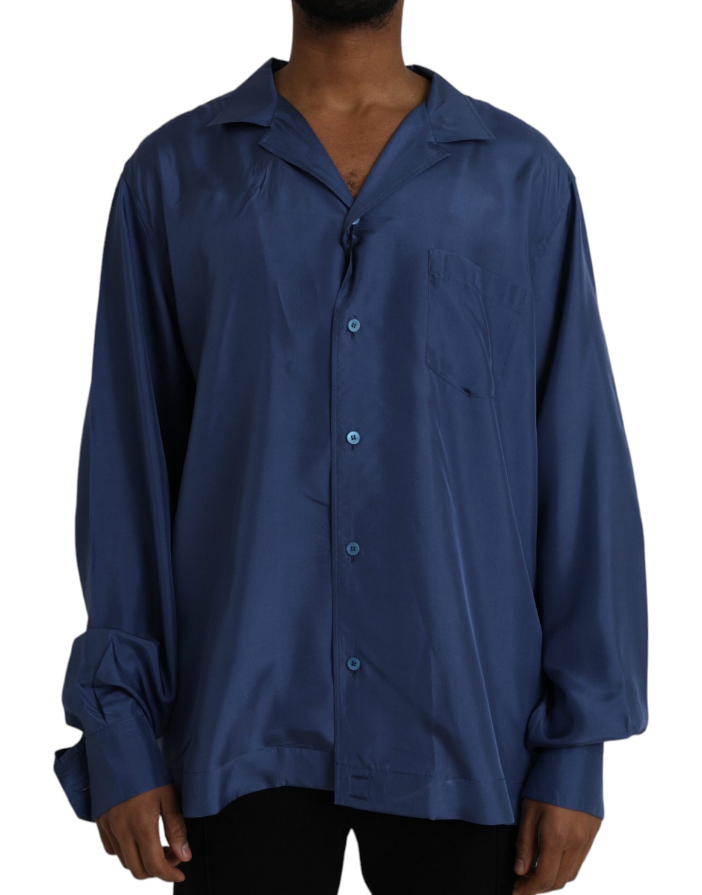 Blue Silk Long Sleeve Lounge Casual Shirt - The Luxe Alliance