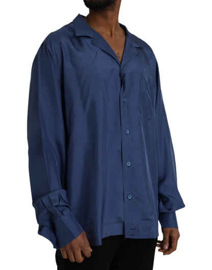 Blue Silk Long Sleeve Lounge Casual Shirt - The Luxe Alliance