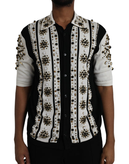 White Black Silk Studded Stone Crystal Shirt - The Luxe Alliance