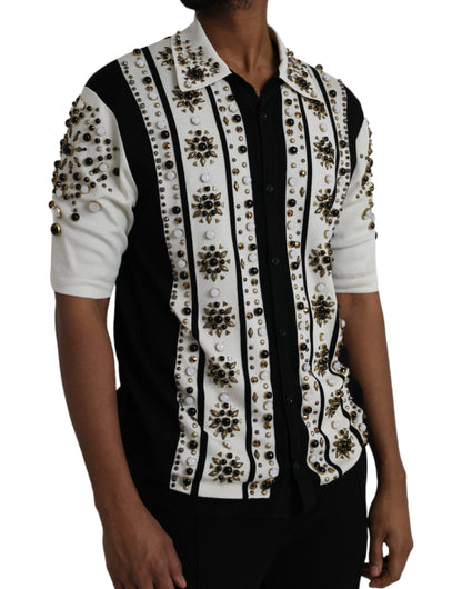 White Black Silk Studded Stone Crystal Shirt - The Luxe Alliance