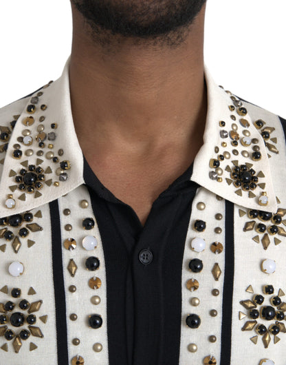 White Black Silk Studded Stone Crystal Shirt - The Luxe Alliance