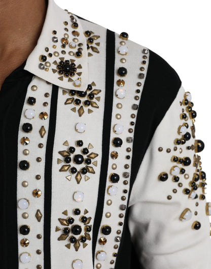 White Black Silk Studded Stone Crystal Shirt - The Luxe Alliance