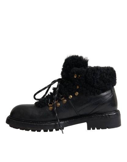 Black Leather Bernini Shearling Boots Shoes - The Luxe Alliance