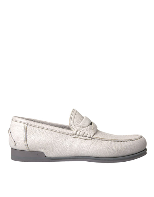 White Gray Leather Slip Mocassin Shoes Loafer - The Luxe Alliance