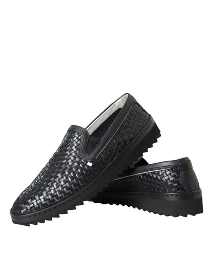 Black Woven Buffalo Leather Men Loafers Shoes - The Luxe Alliance