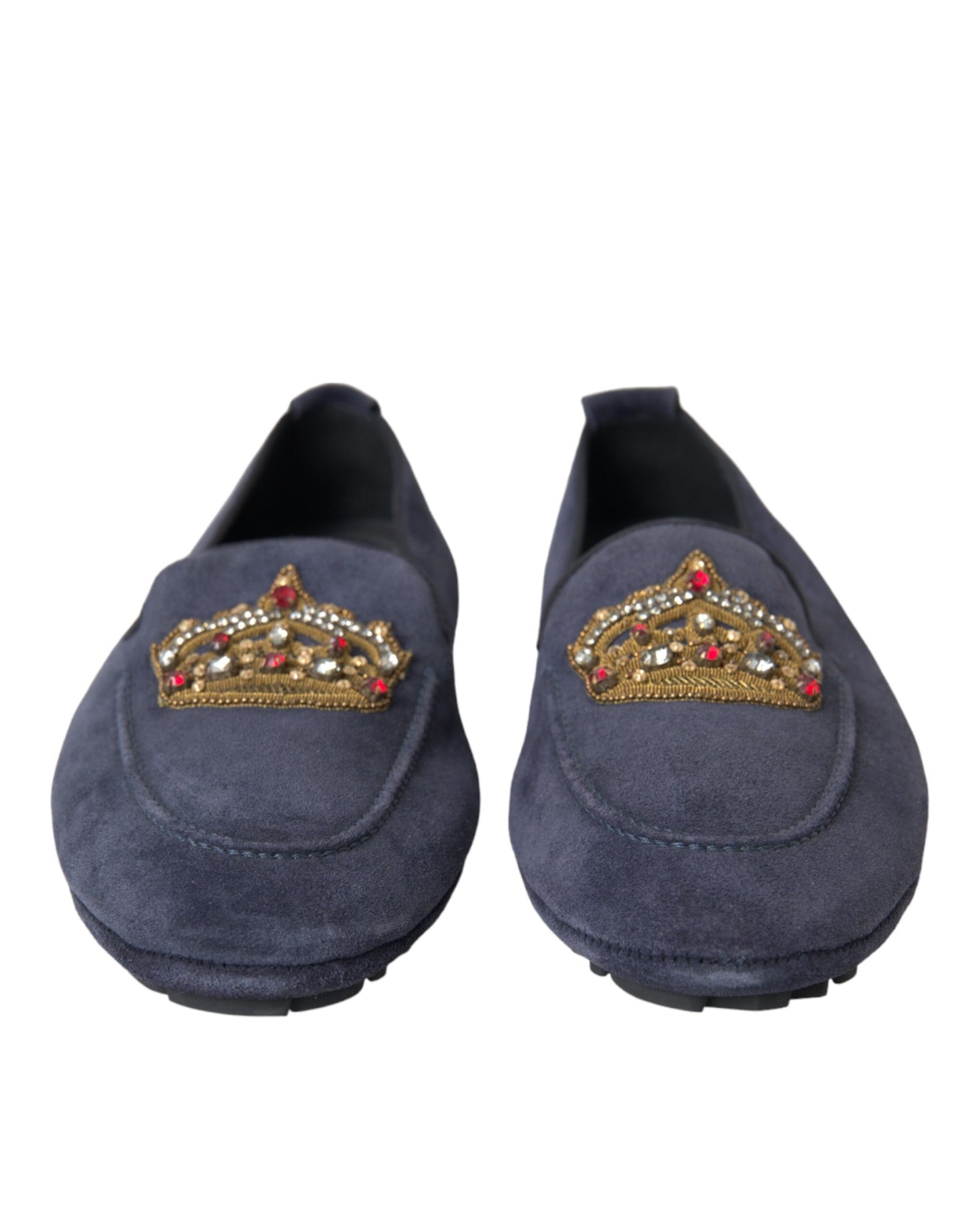 Blue Leather Suede Crystal Crown Loafers Shoes - The Luxe Alliance