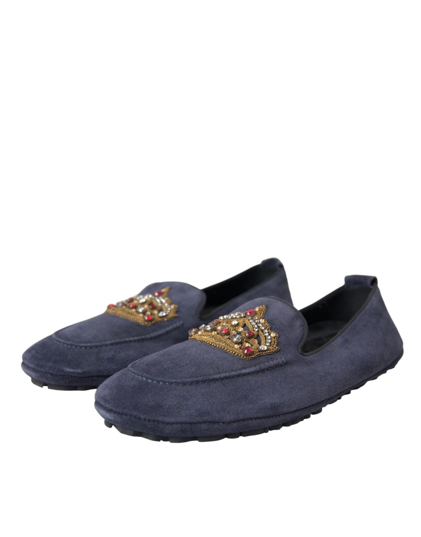 Blue Leather Suede Crystal Crown Loafers Shoes - The Luxe Alliance