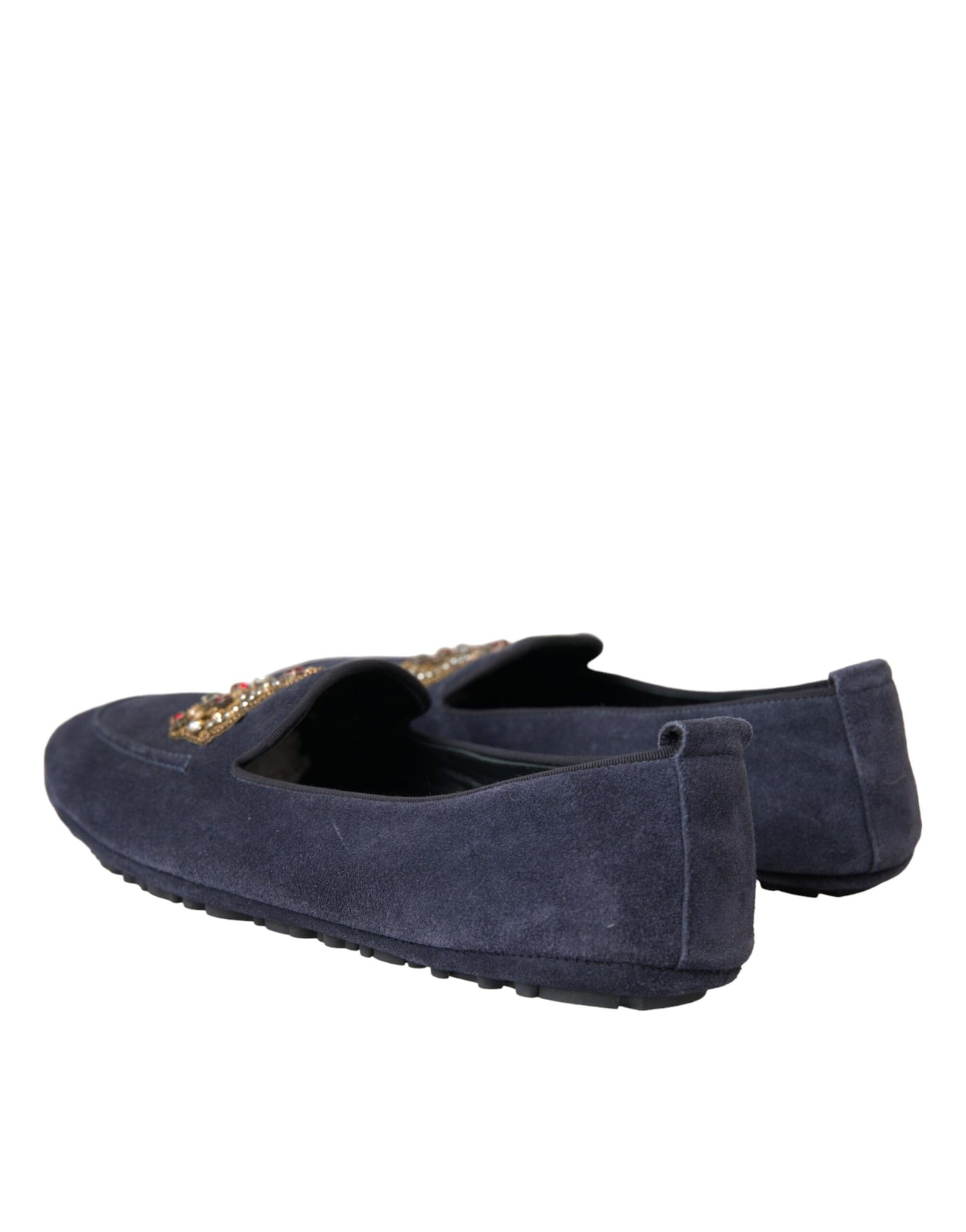 Blue Leather Suede Crystal Crown Loafers Shoes - The Luxe Alliance