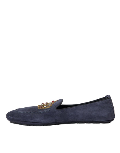 Blue Leather Suede Crystal Crown Loafers Shoes - The Luxe Alliance