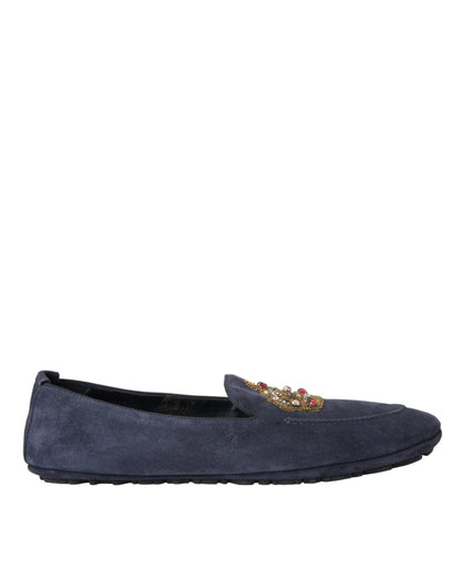 Blue Leather Suede Crystal Crown Loafers Shoes - The Luxe Alliance