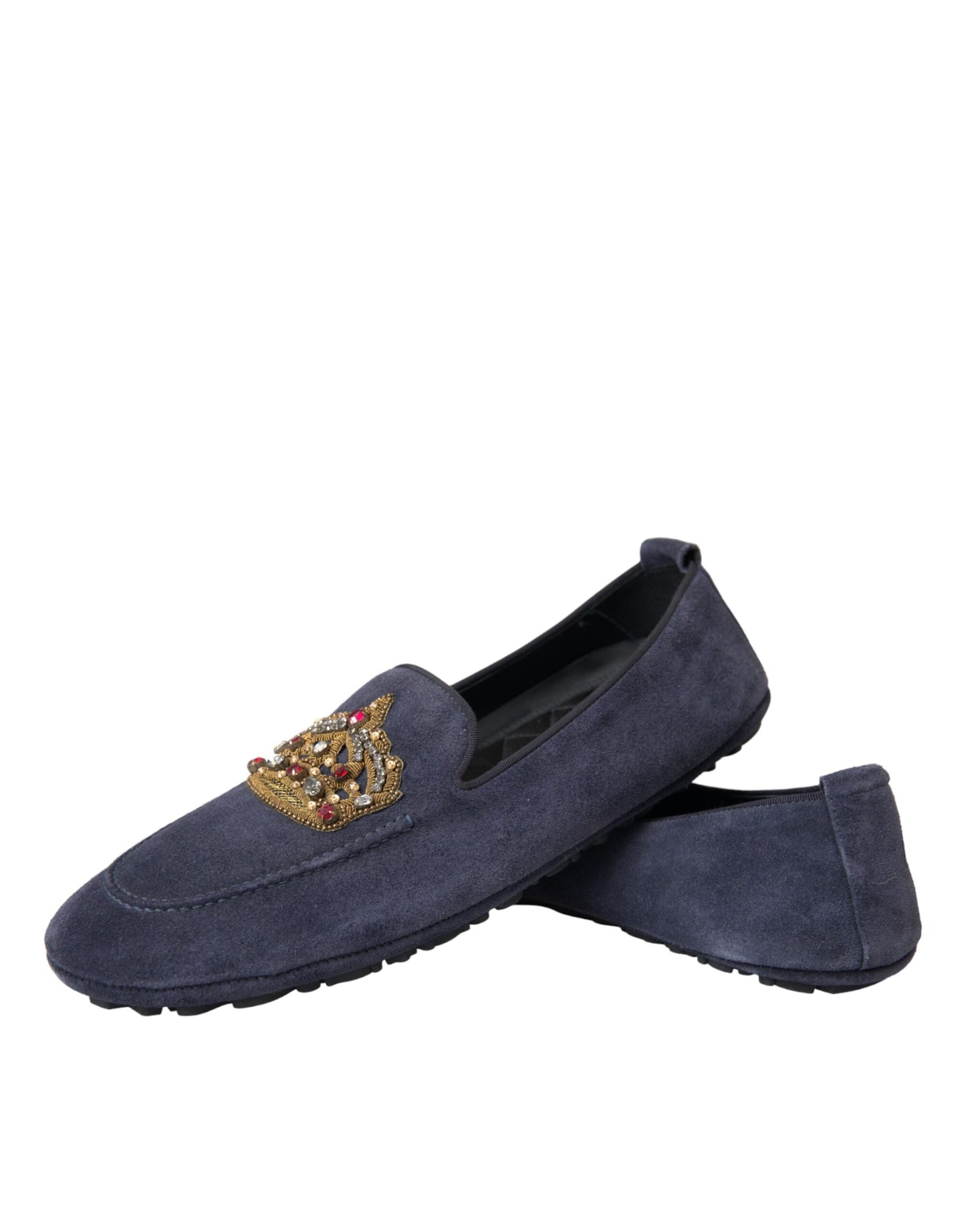 Blue Leather Suede Crystal Crown Loafers Shoes - The Luxe Alliance