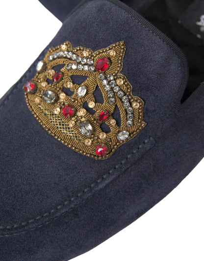  - Blue Leather Suede Crystal Crown Loafers Shoes