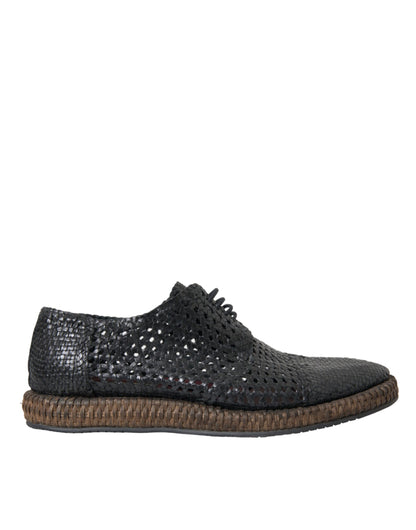  - Black Woven Goat Leather Lace Up Derby Shoes