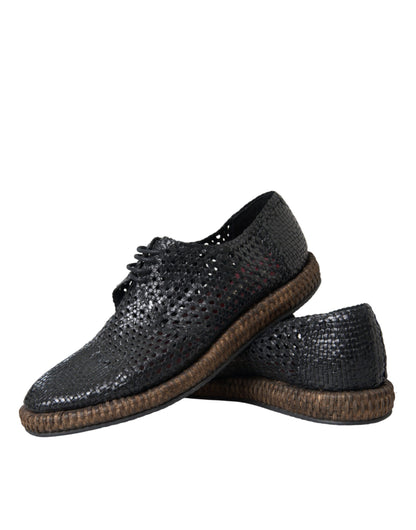  - Black Woven Goat Leather Lace Up Derby Shoes