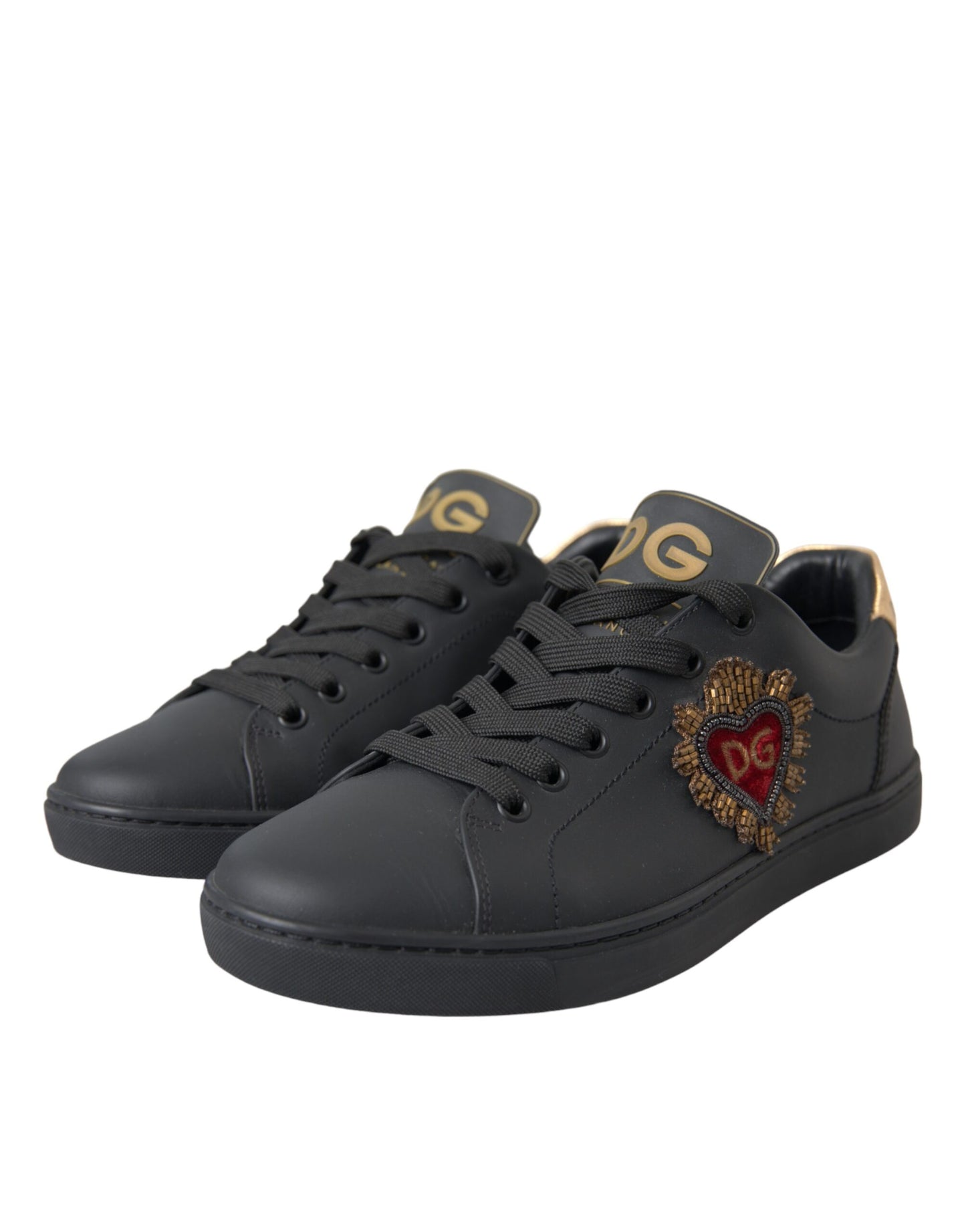  - Black Leather Heart Embellished Sneakers Shoes