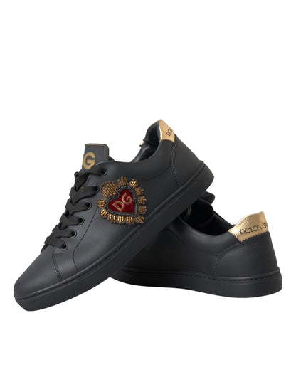  - Black Leather Heart Embellished Sneakers Shoes