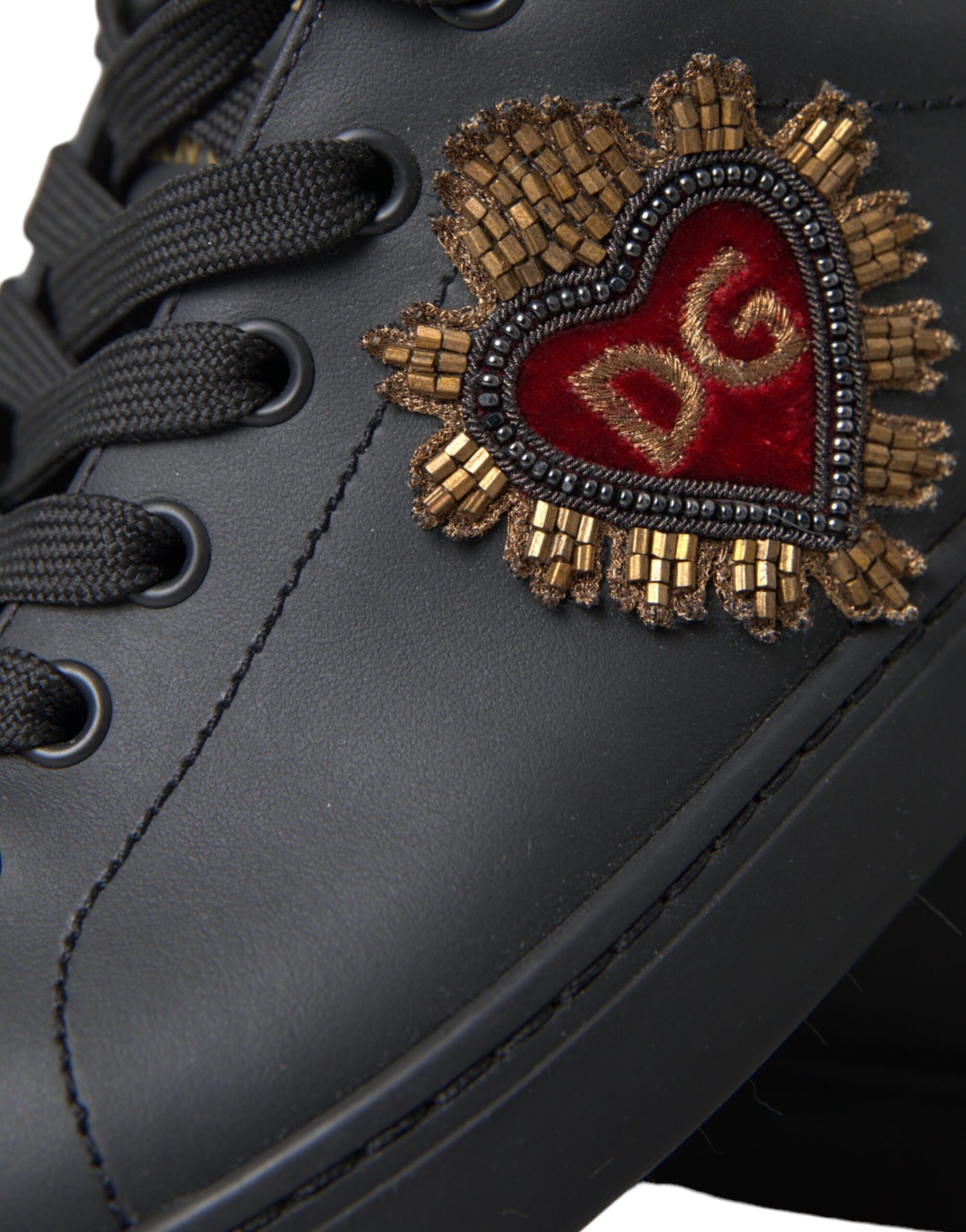  - Black Leather Heart Embellished Sneakers Shoes