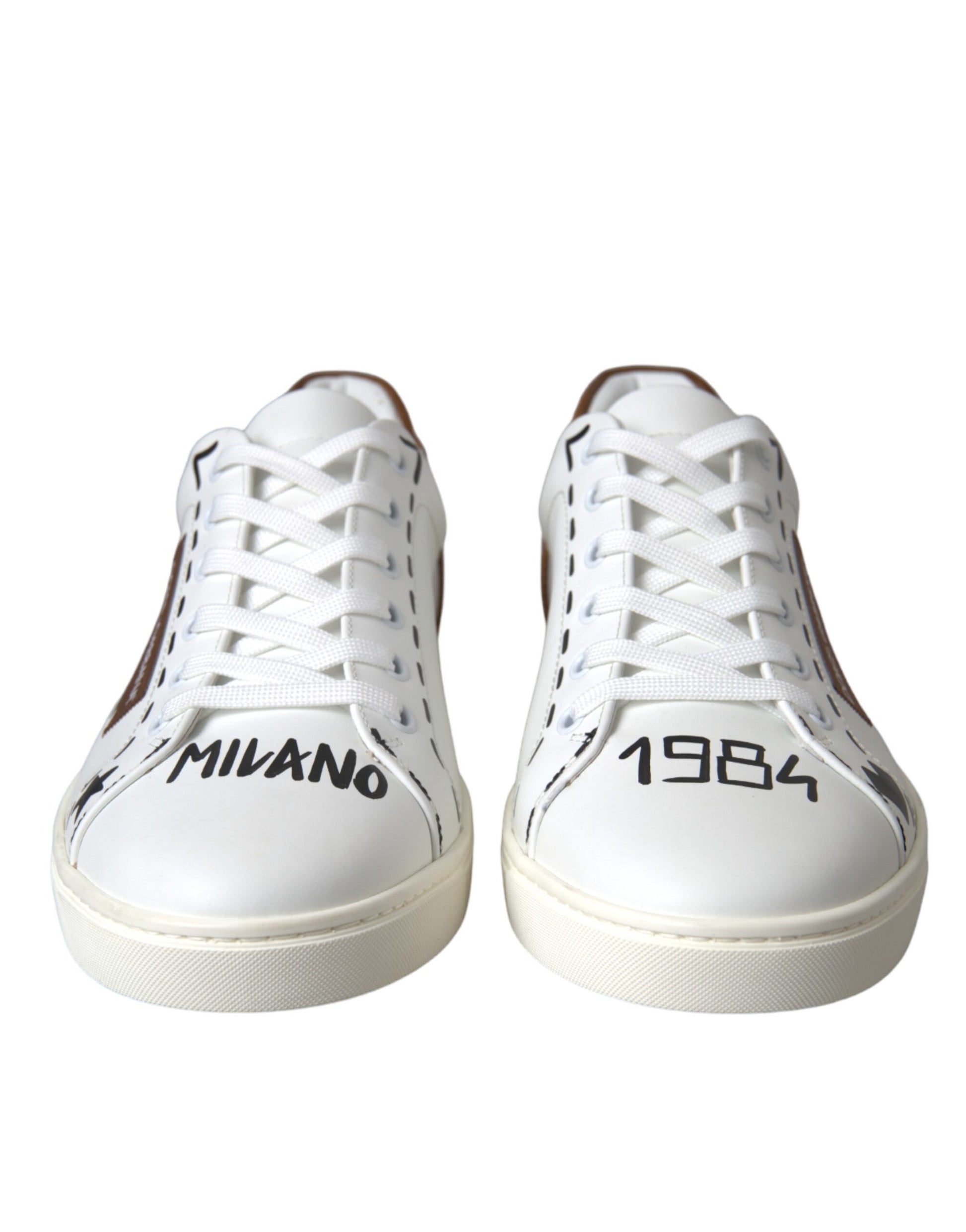 White Brown Leather Logo Low Top Sneakers Shoes