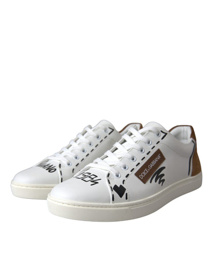  - White Brown Leather Logo Low Top Sneakers Shoes