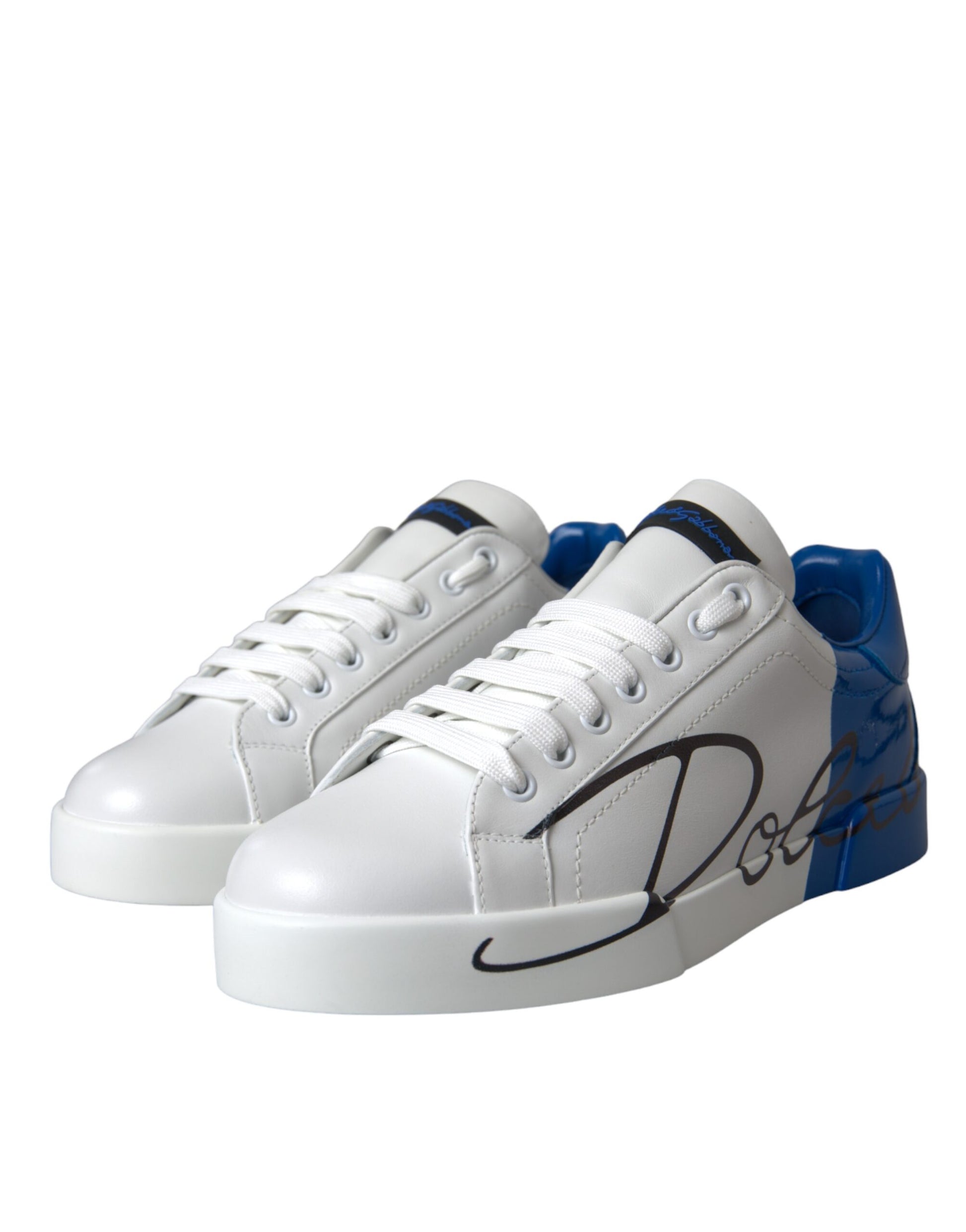 Dolce & Gabbana White Blue Leather Logo Low Top Sneakers